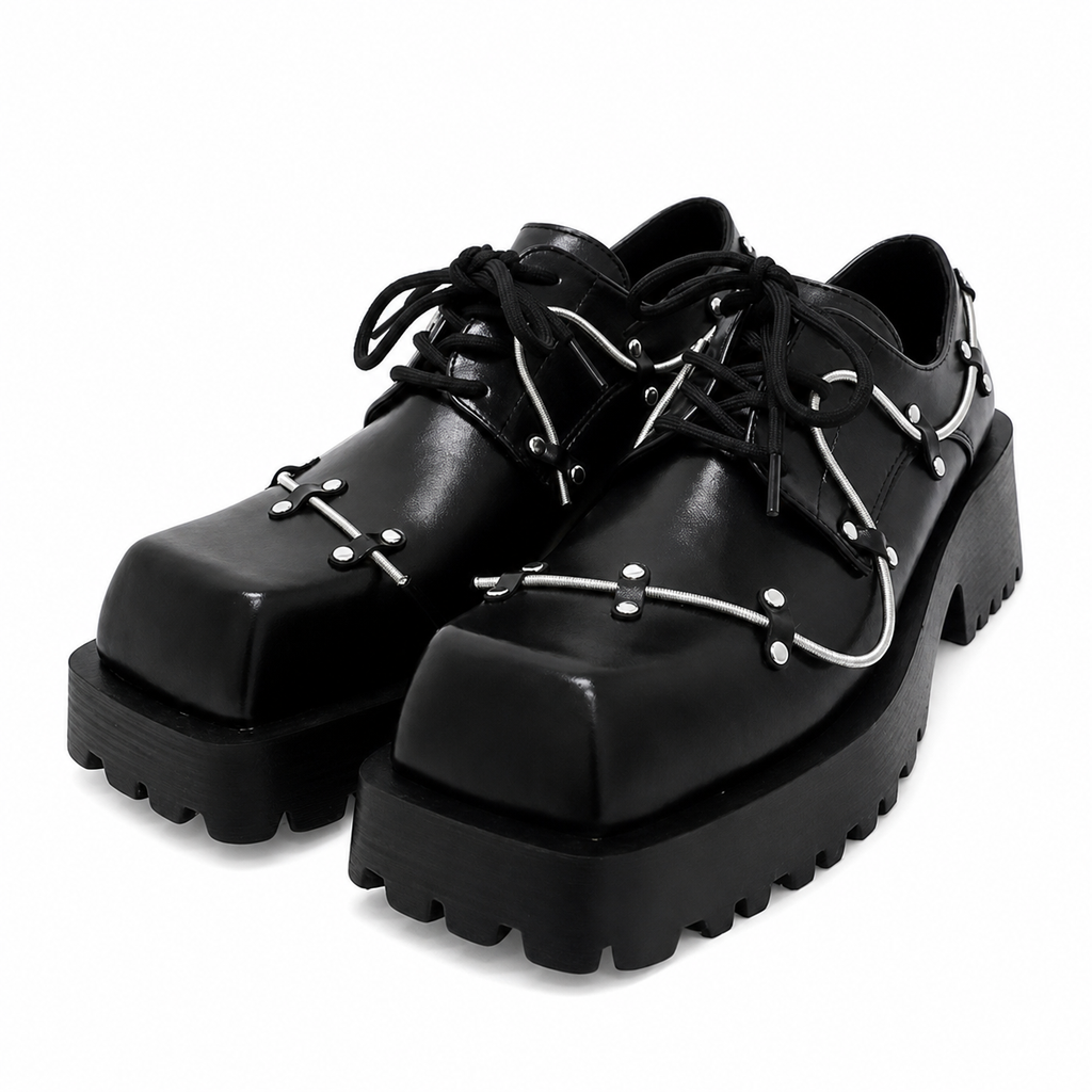 Men's Black Leather Platform Oxfords – Square Toe Lace-Up