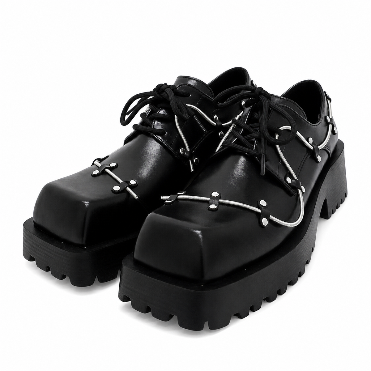 Men's Black Leather Platform Oxfords – Square Toe Lace-Up