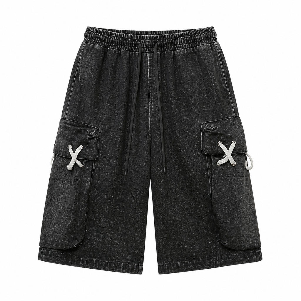 Grunge Black Denim Cargo Shorts