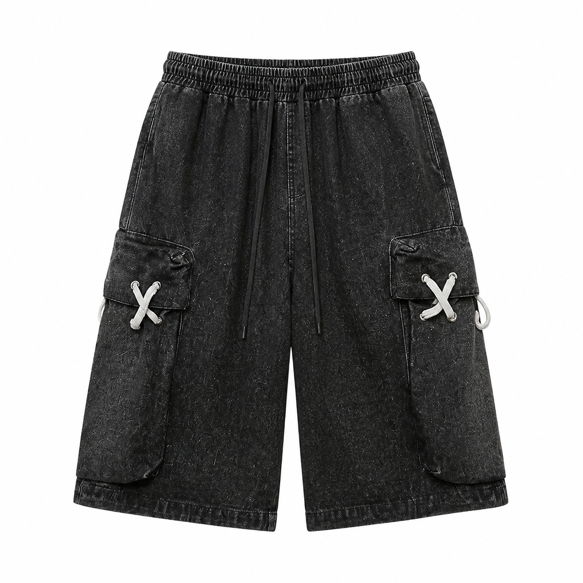 Grunge Black Denim Cargo Shorts