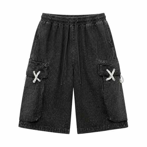 Grunge Black Denim Cargo Shorts