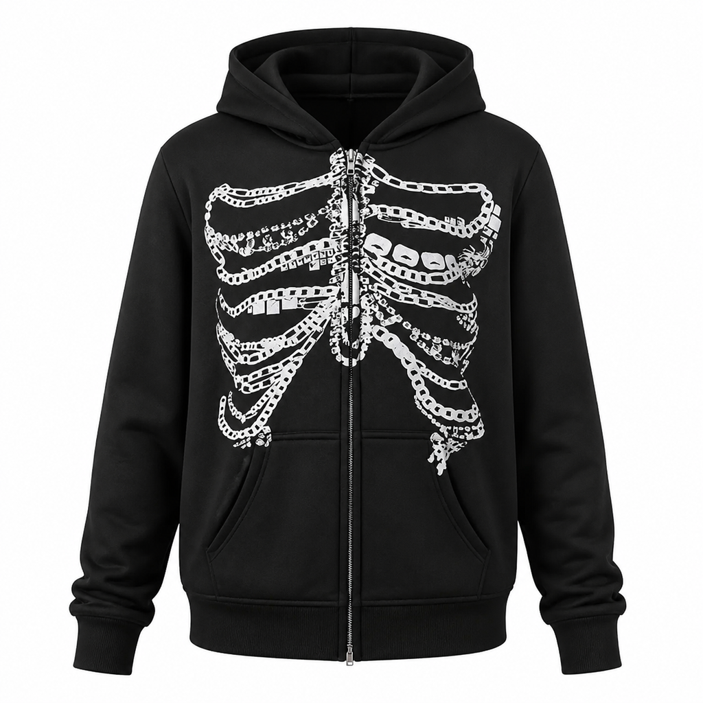 Grunge Graphic Full-Zip Hoodie - Black