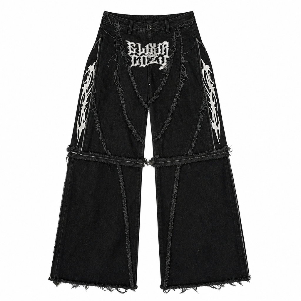 Grunge Black Patchwork Embroidered Baggy Jeans