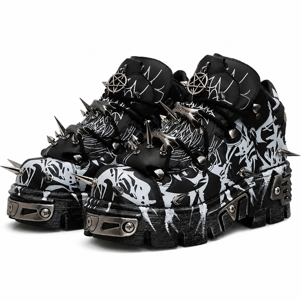 Grunge Black-and-White Graffiti Platform High-Top Shoes with Spikes