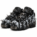 Grunge Black-and-White Graffiti Platform High-Top Shoes with Spikes