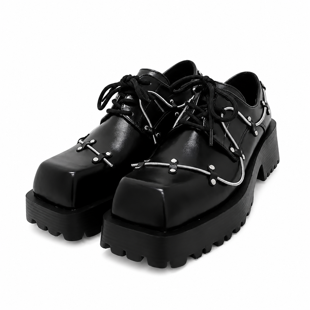 Grunge Black Leather Platform Oxfords with Square Toe