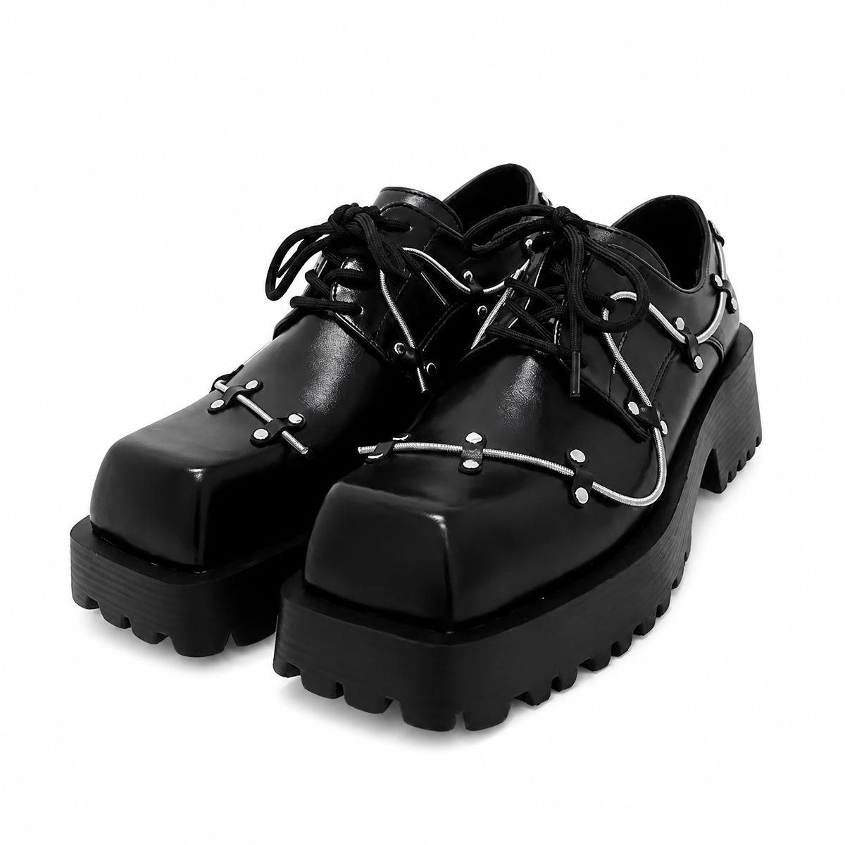 Grunge Black Leather Platform Oxfords with Square Toe