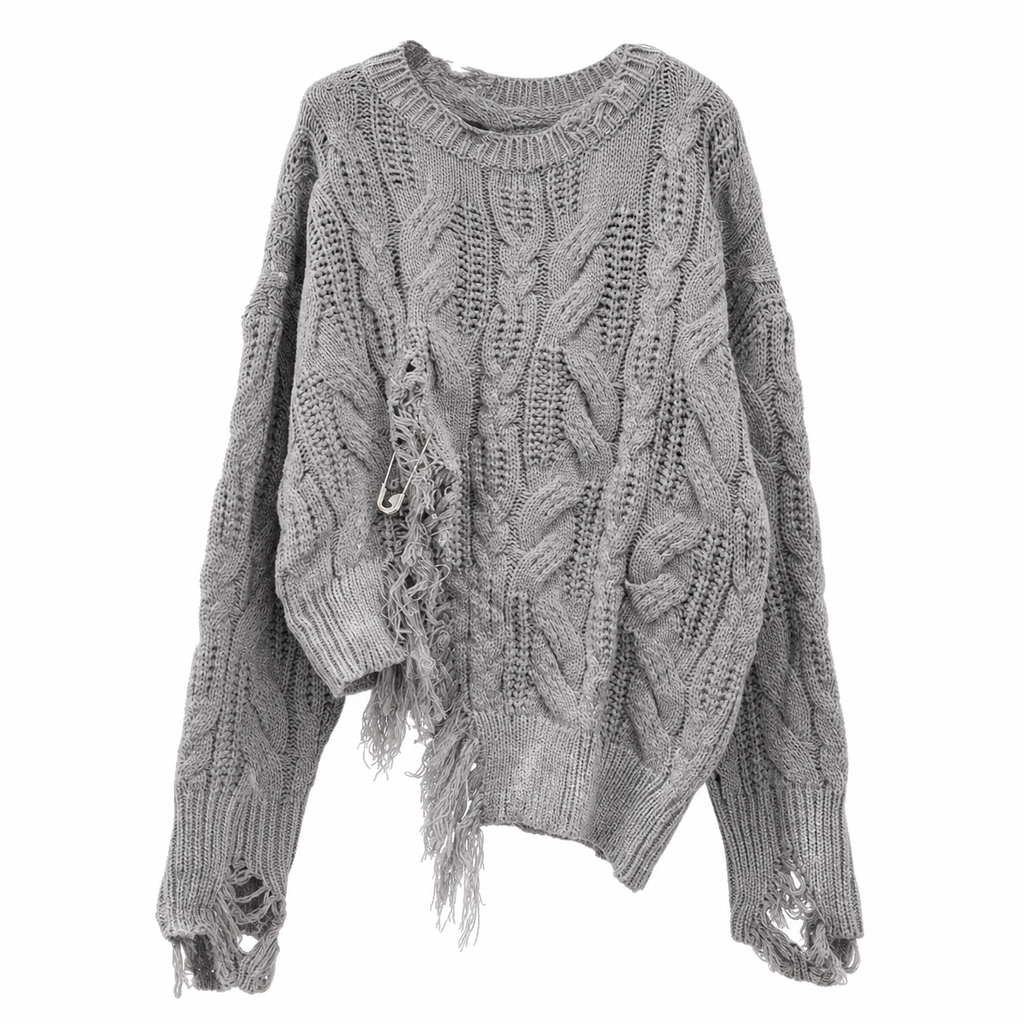 Women's Gray Distressed Cable-Knit Pullover Sweater