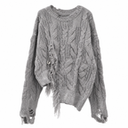 Women's Gray Distressed Cable-Knit Pullover Sweater