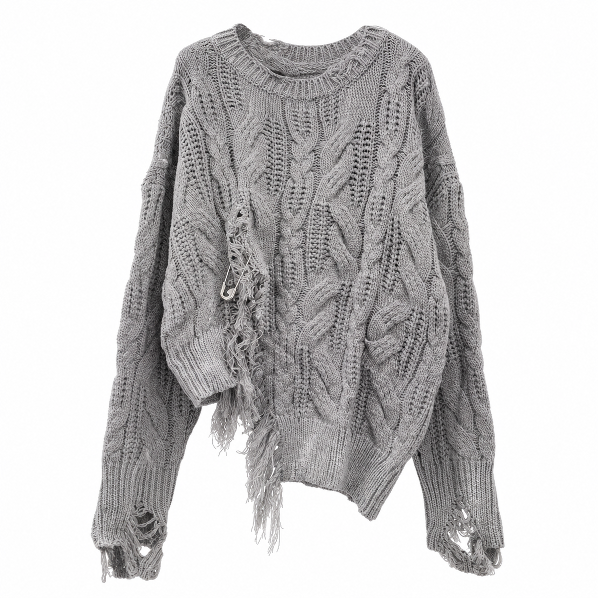 Women's Gray Distressed Cable-Knit Pullover Sweater