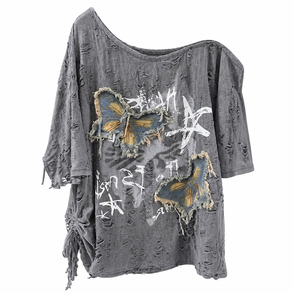 Grunge Distressed Butterfly Patchwork Off-Shoulder T-Shirt