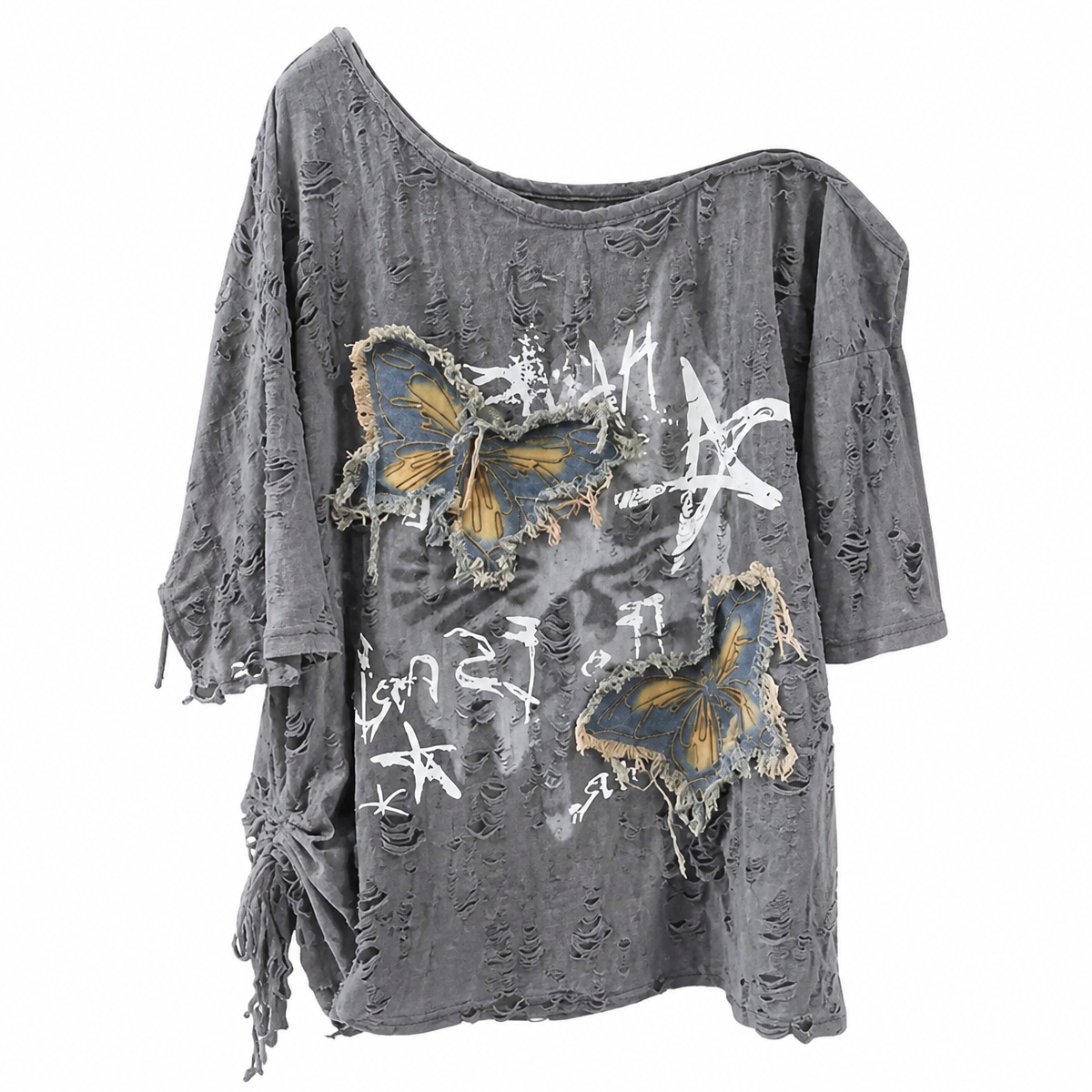 Grunge Distressed Butterfly Patchwork Off-Shoulder T-Shirt