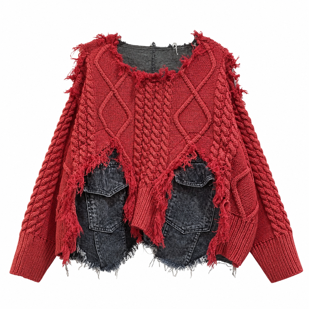 Grunge Patchwork Knit Pullover Sweater with Pockets