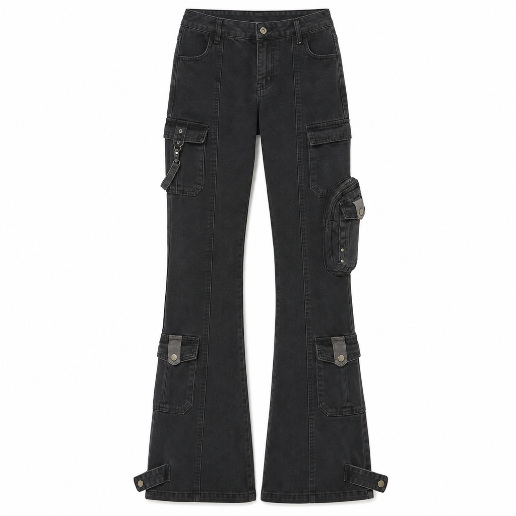 Women's Black Low-Rise Cargo Flare Jeans