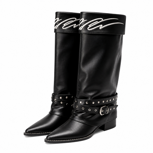 Grunge Black Knee-High Pointed-Toe Boots with Studded Buckle Straps