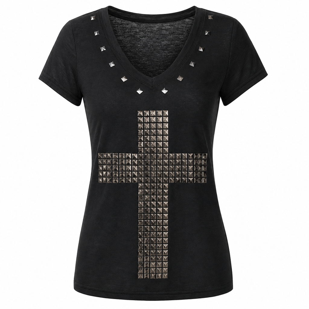 Women's Sheer V-Neck Cross Print T-Shirt