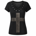 Women's Sheer V-Neck Cross Print T-Shirt