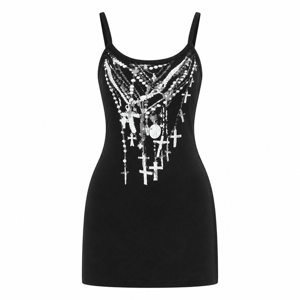 Grunge Black Cross-Print Mini Dress