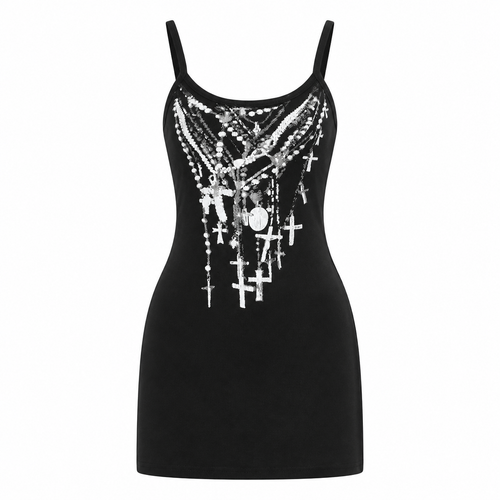 Grunge Black Cross-Print Mini Dress
