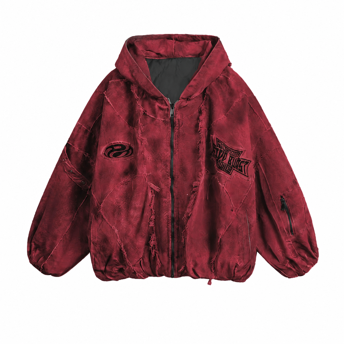 Grunge Hooded Distressed Jacket in Dark Red