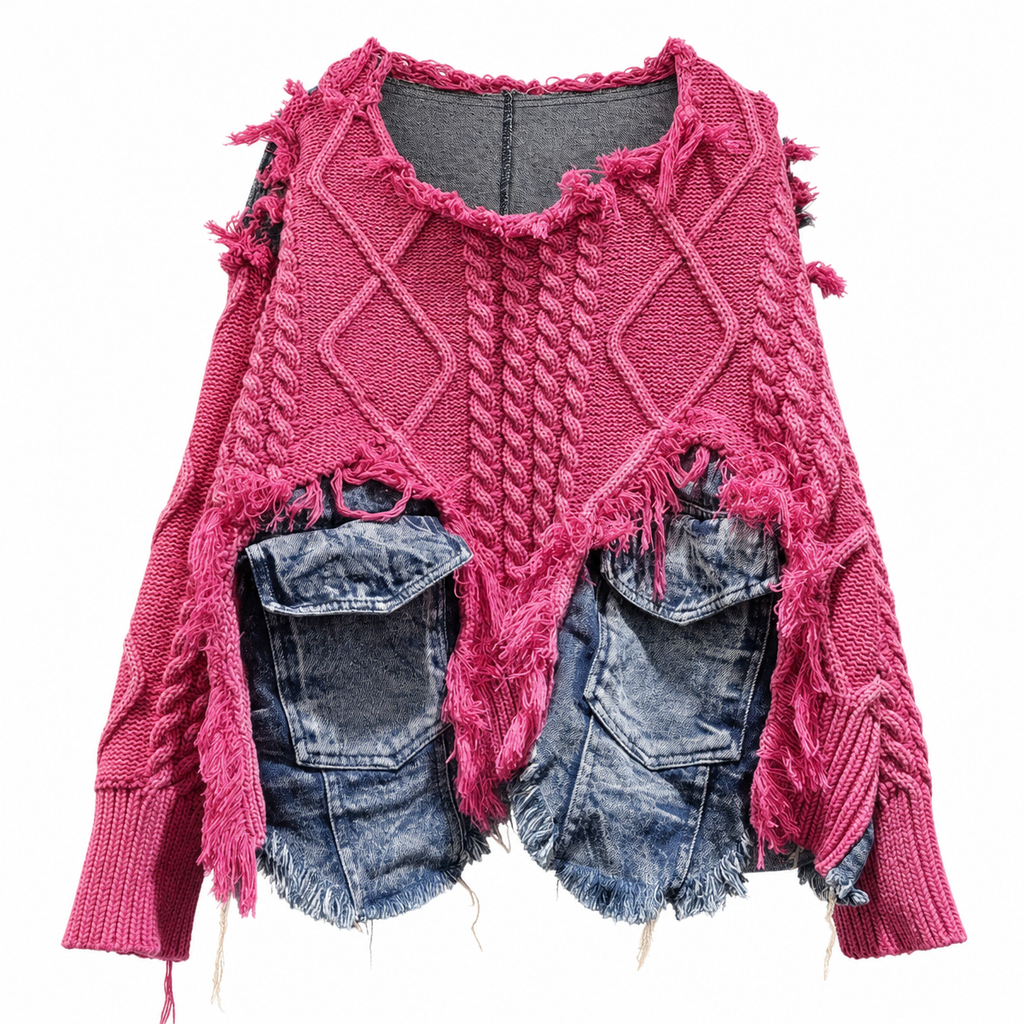 Women's Washed Pink Patchwork Knit Sweater with Denim Pockets
