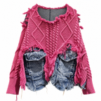 Women's Washed Pink Patchwork Knit Sweater with Denim Pockets