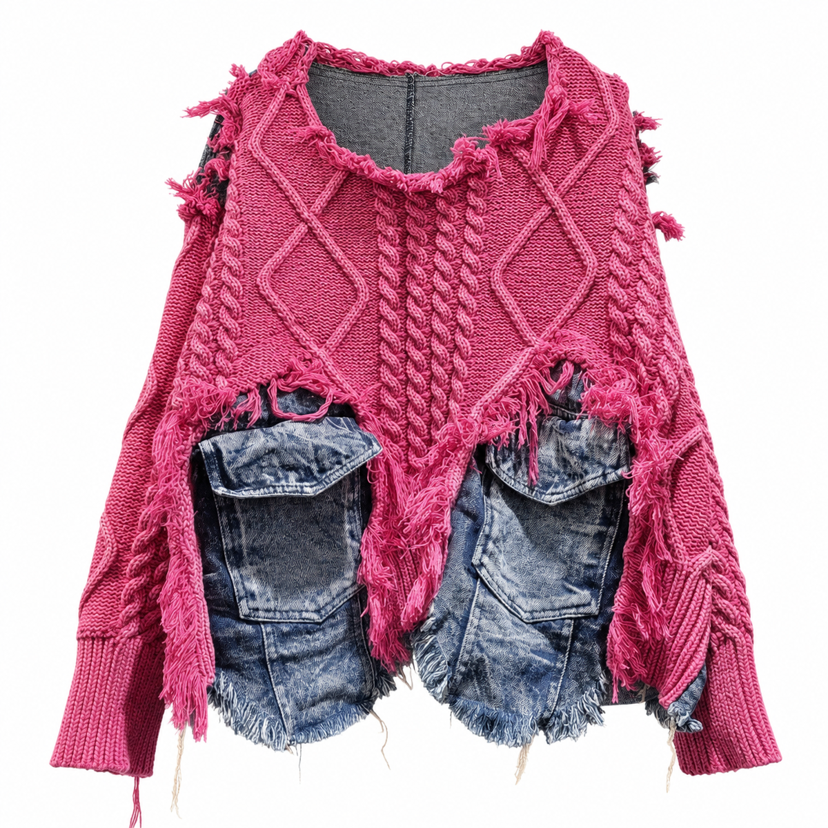 Women's Washed Pink Patchwork Knit Sweater with Denim Pockets