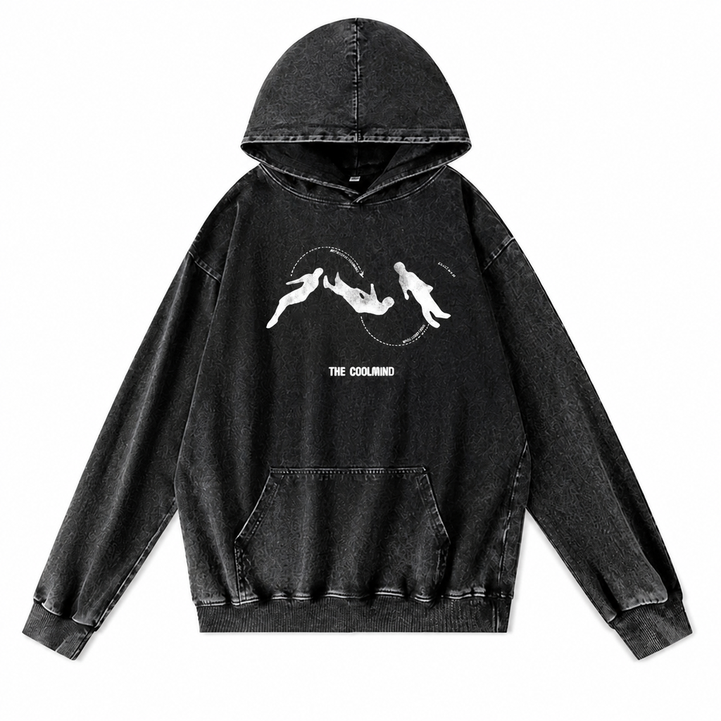 Grunge Acid-Washed Black Graphic Pullover Hoodie
