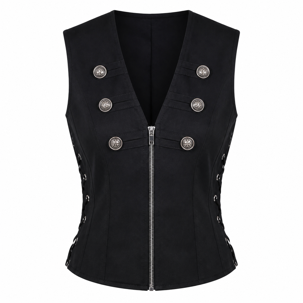 Grunge Black Sleeveless Zip-Front Corset Top