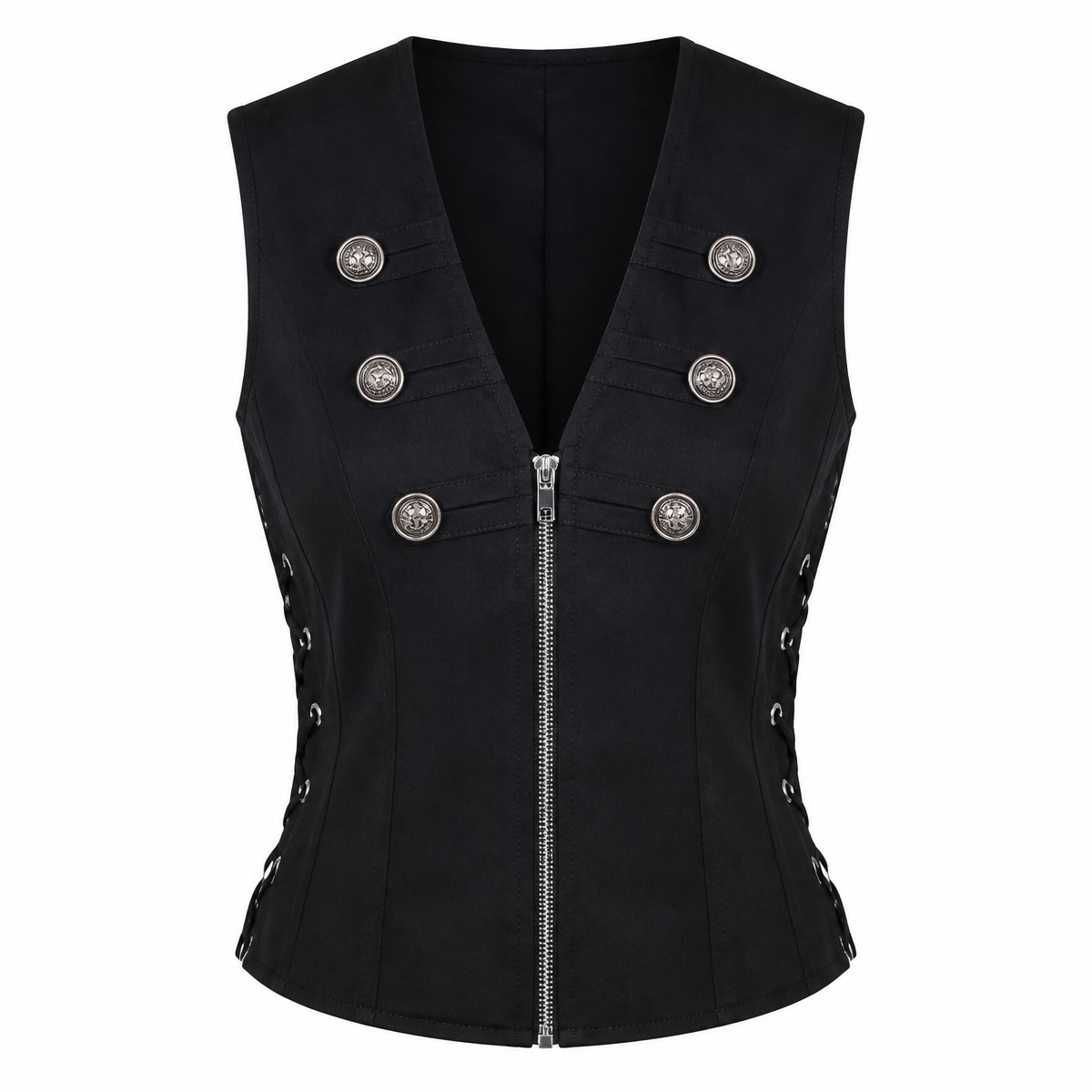 Grunge Black Sleeveless Zip-Front Corset Top