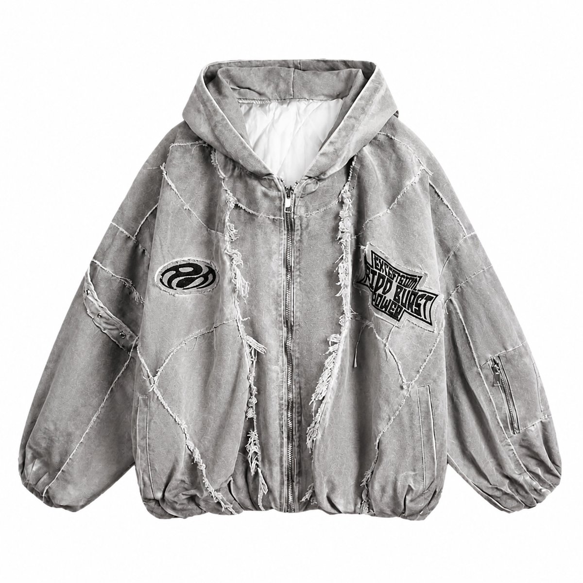 Grunge Distressed Hooded Techwear Jacket in Grey