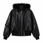 Grunge Black Faux-Leather Hooded Jacket with Faux-Fur Trim