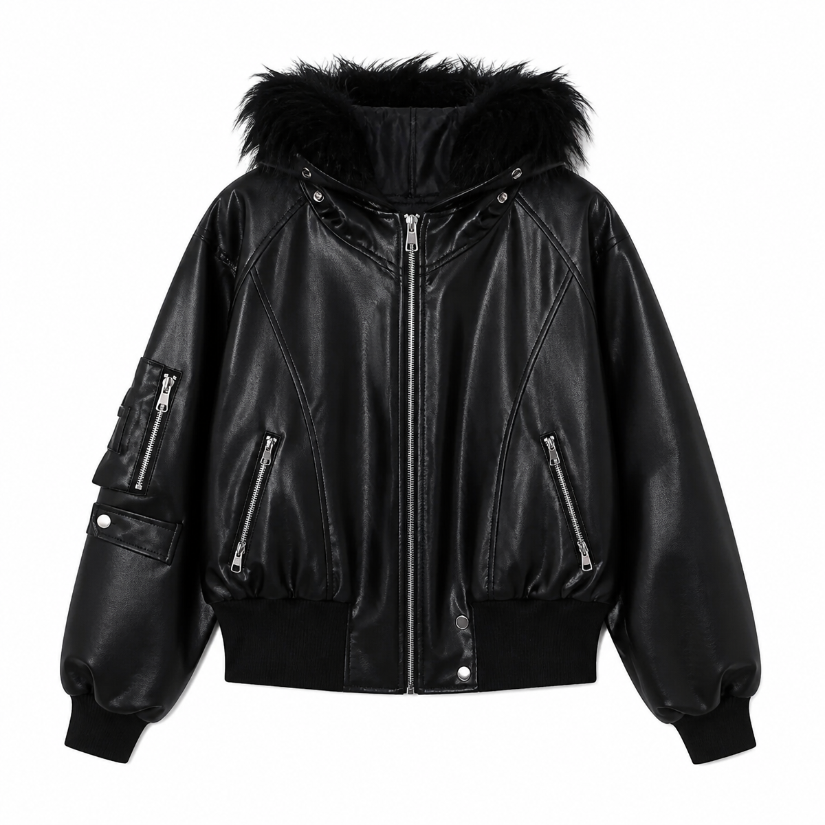 Grunge Black Faux-Leather Hooded Jacket with Faux-Fur Trim