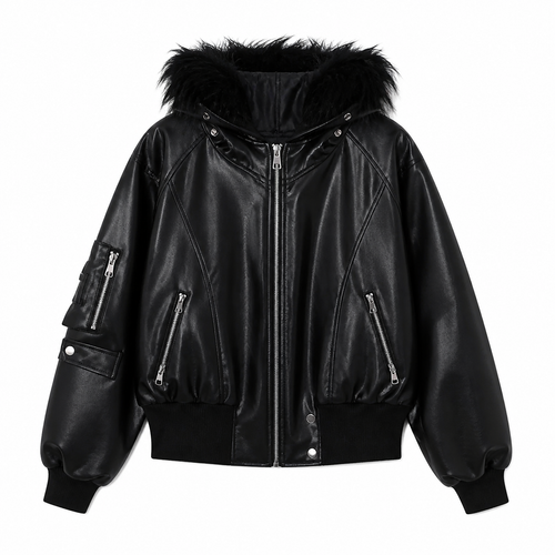 Grunge Black Faux-Leather Hooded Jacket with Faux-Fur Trim