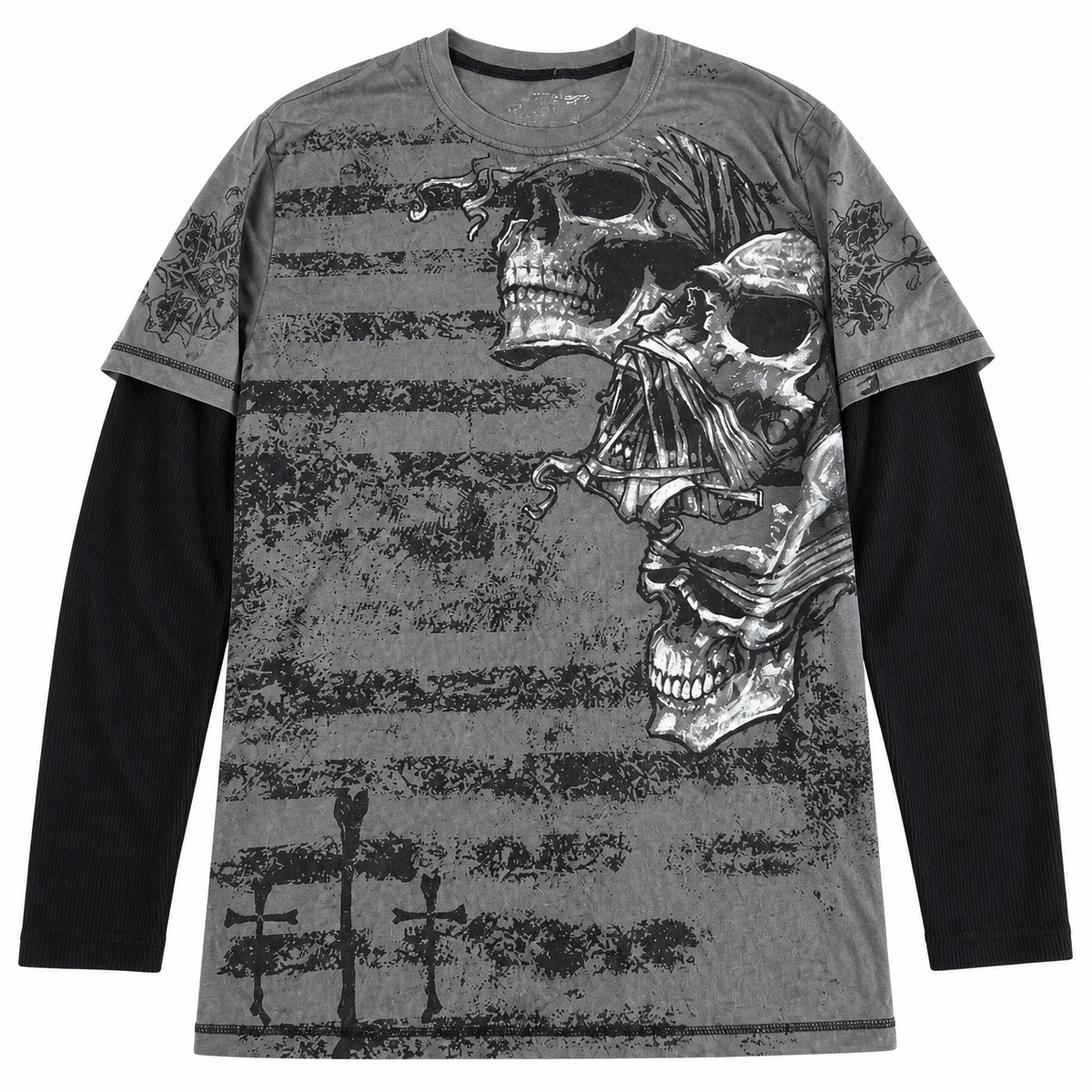 Grunge Skull Graphic Long-Sleeve T-Shirt