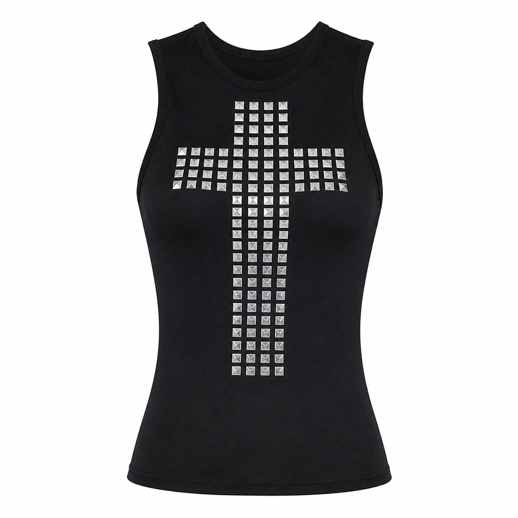 Grunge Black Studded Cross Sleeveless Top