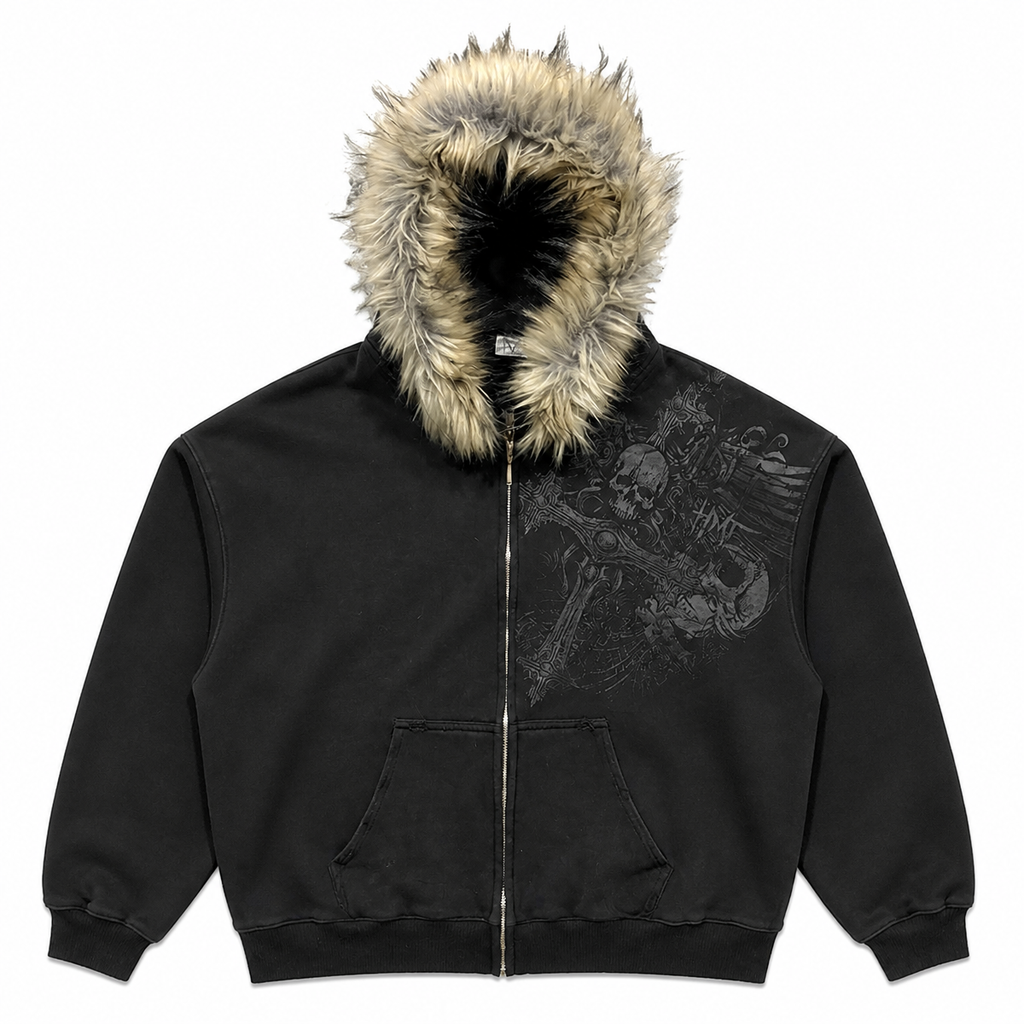 Grunge Faux-Fur Hooded Graphic Zip Hoodie