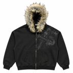 Grunge Faux-Fur Hooded Graphic Zip Hoodie