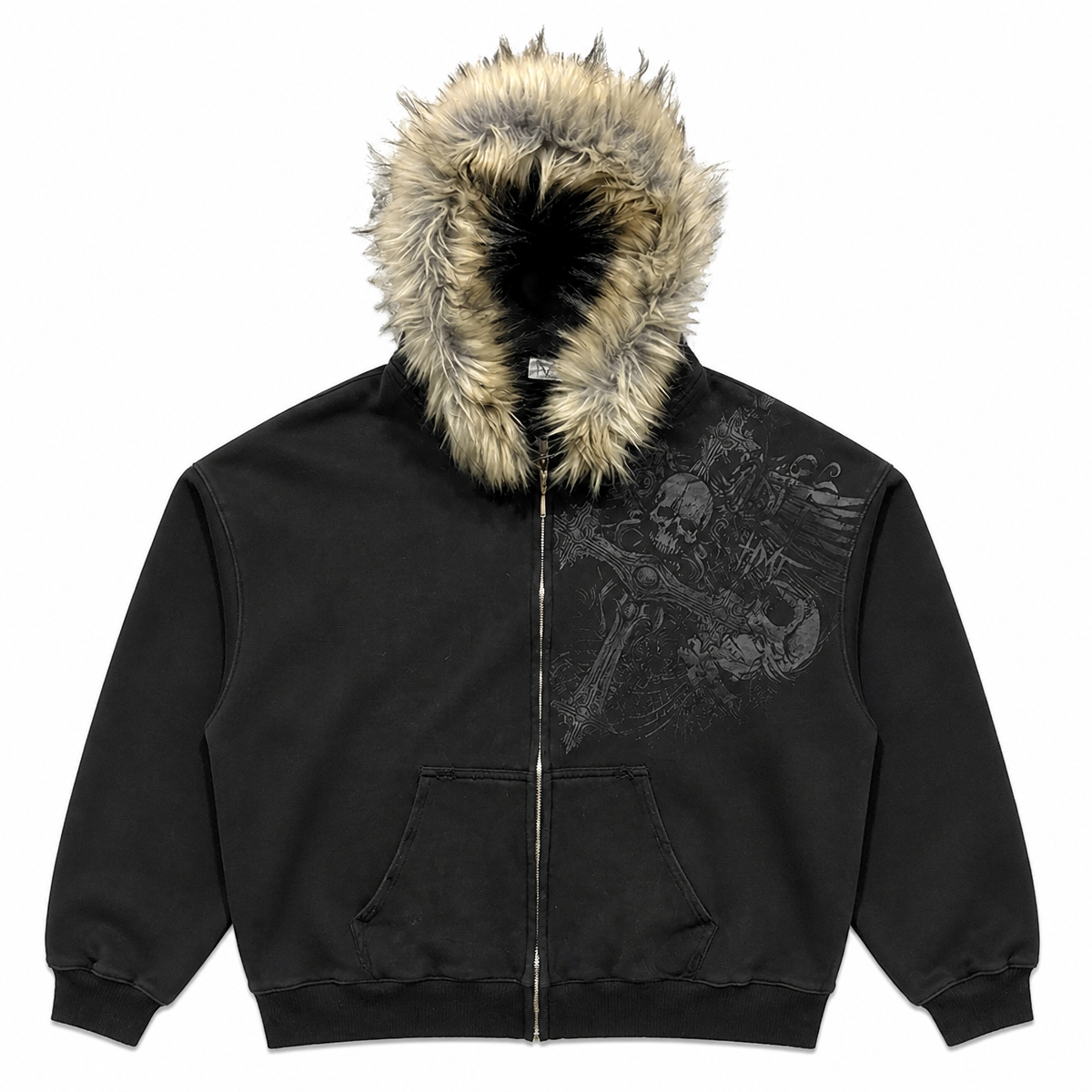 Grunge Faux-Fur Hooded Graphic Zip Hoodie