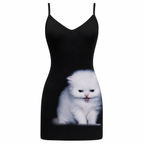 Black Cat Print Mini Slip Dress