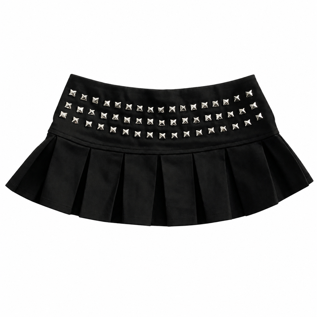 Black Studded Pleated Mini Skirt