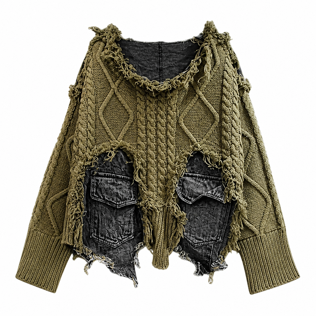 Grunge Patchwork Knit Sweater with Denim Pockets