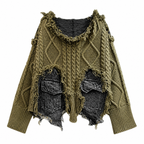 Grunge Patchwork Knit Sweater with Denim Pockets