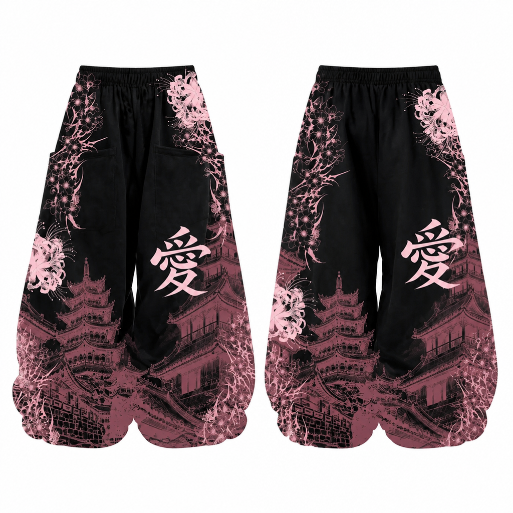 Grunge Equinox Flower Wide-Leg Pants with Japanese-Inspired Print
