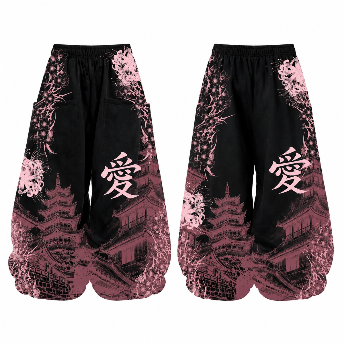 Grunge Equinox Flower Wide-Leg Pants with Japanese-Inspired Print