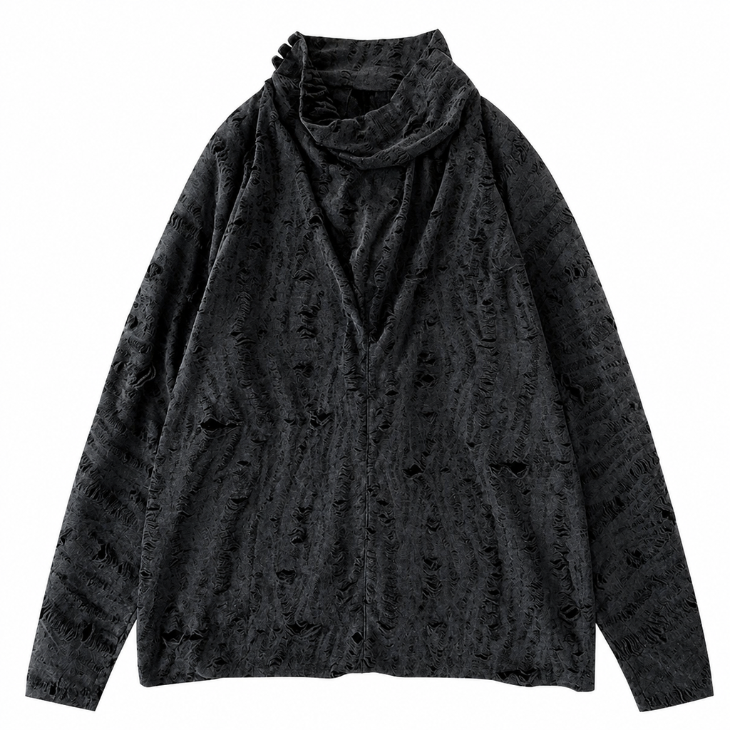 Grunge Distressed Black Long-Sleeve T-Shirt with Cowl Neck