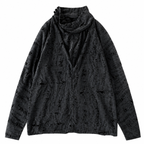 Grunge Distressed Black Long-Sleeve T-Shirt with Cowl Neck