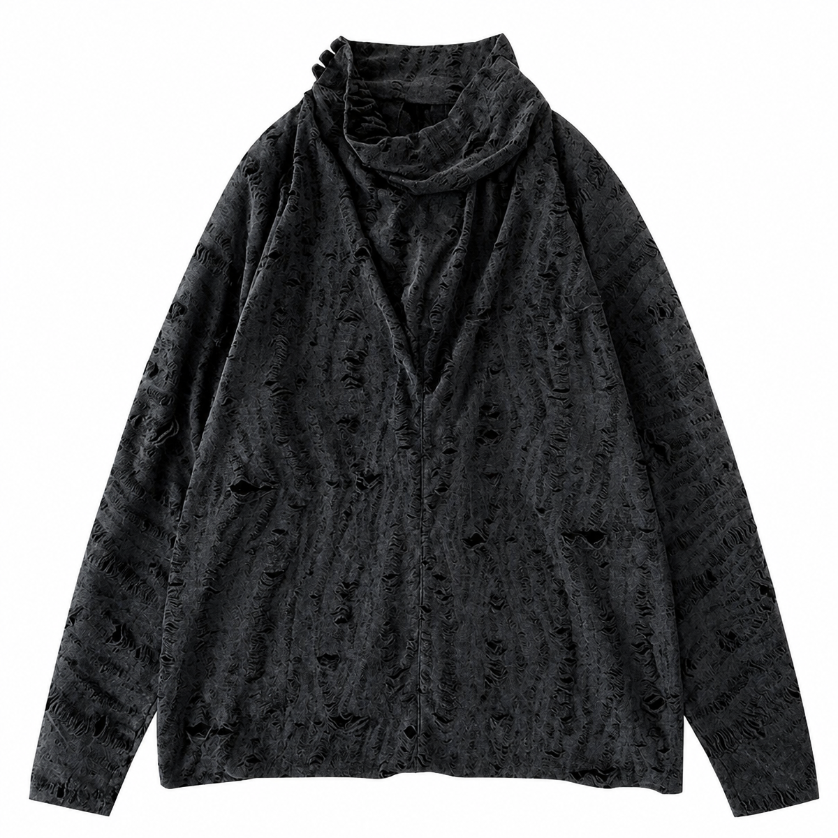 Grunge Distressed Black Long-Sleeve T-Shirt with Cowl Neck