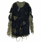 Men's Black and Olive Distressed Patchwork Long-Sleeve T-Shirt
