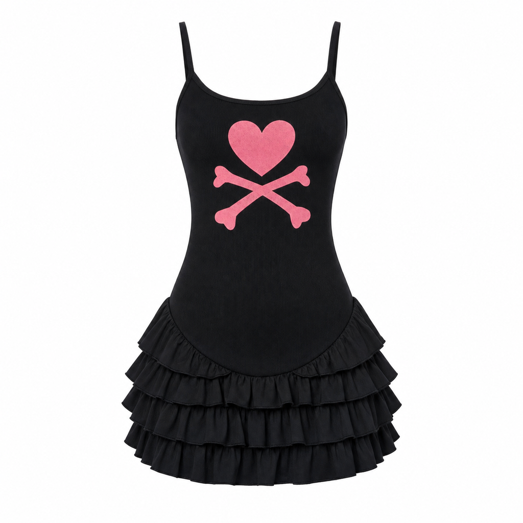 Black Graphic Ruffle Mini Dress